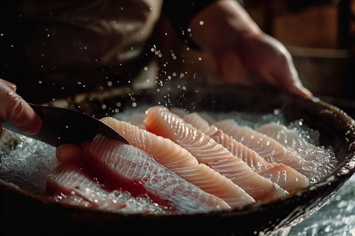 Slicing fish fillets and placing them in a big bowl