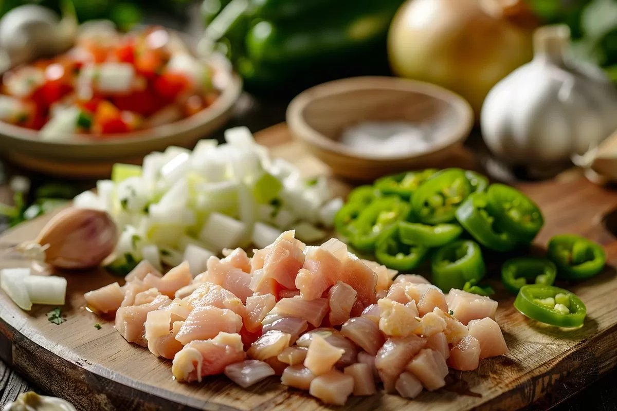 Finely chopped chicken breast, green pepper, and onions for Picadillo de Pollo.
