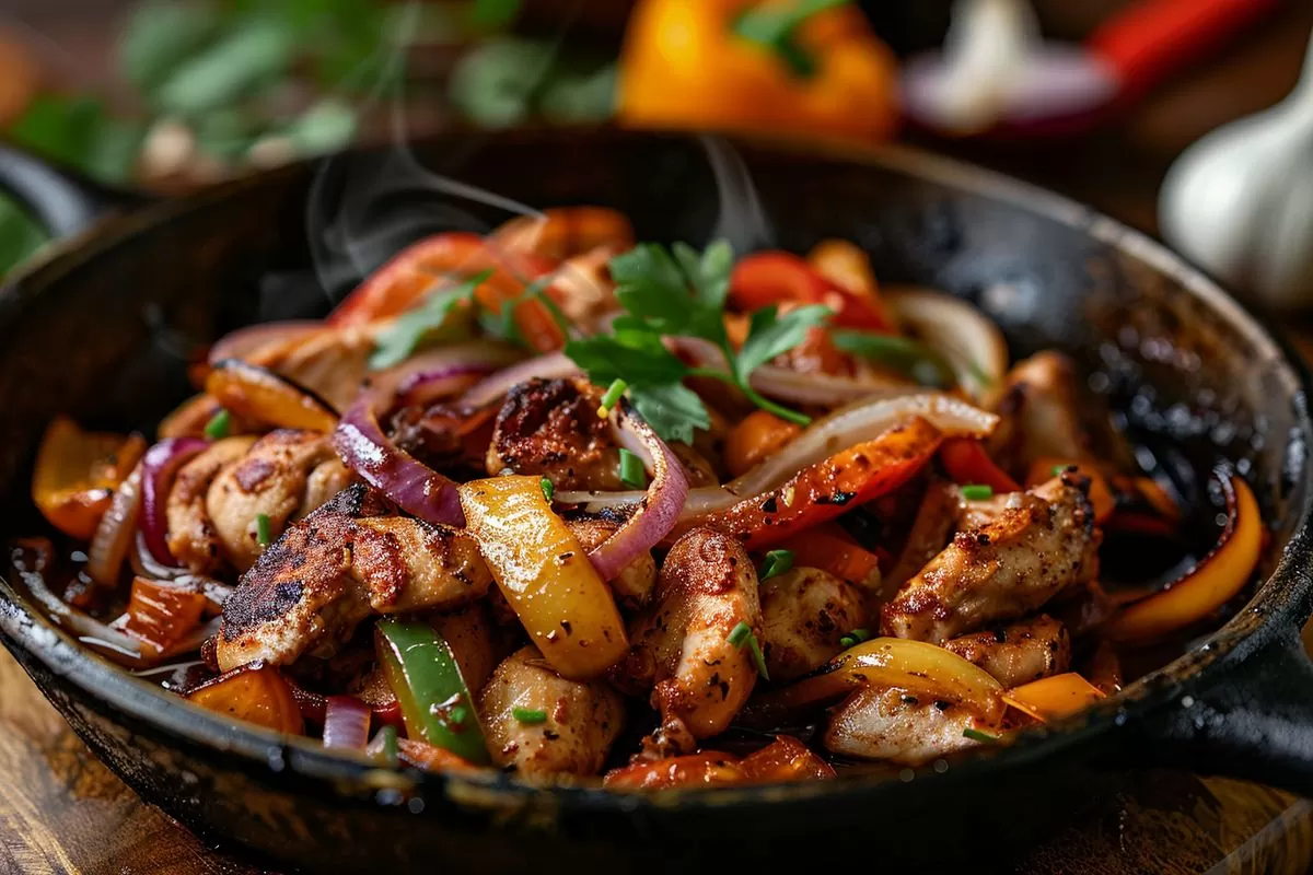 Sizzling chicken with onions, peppers, and garlic in a pan.