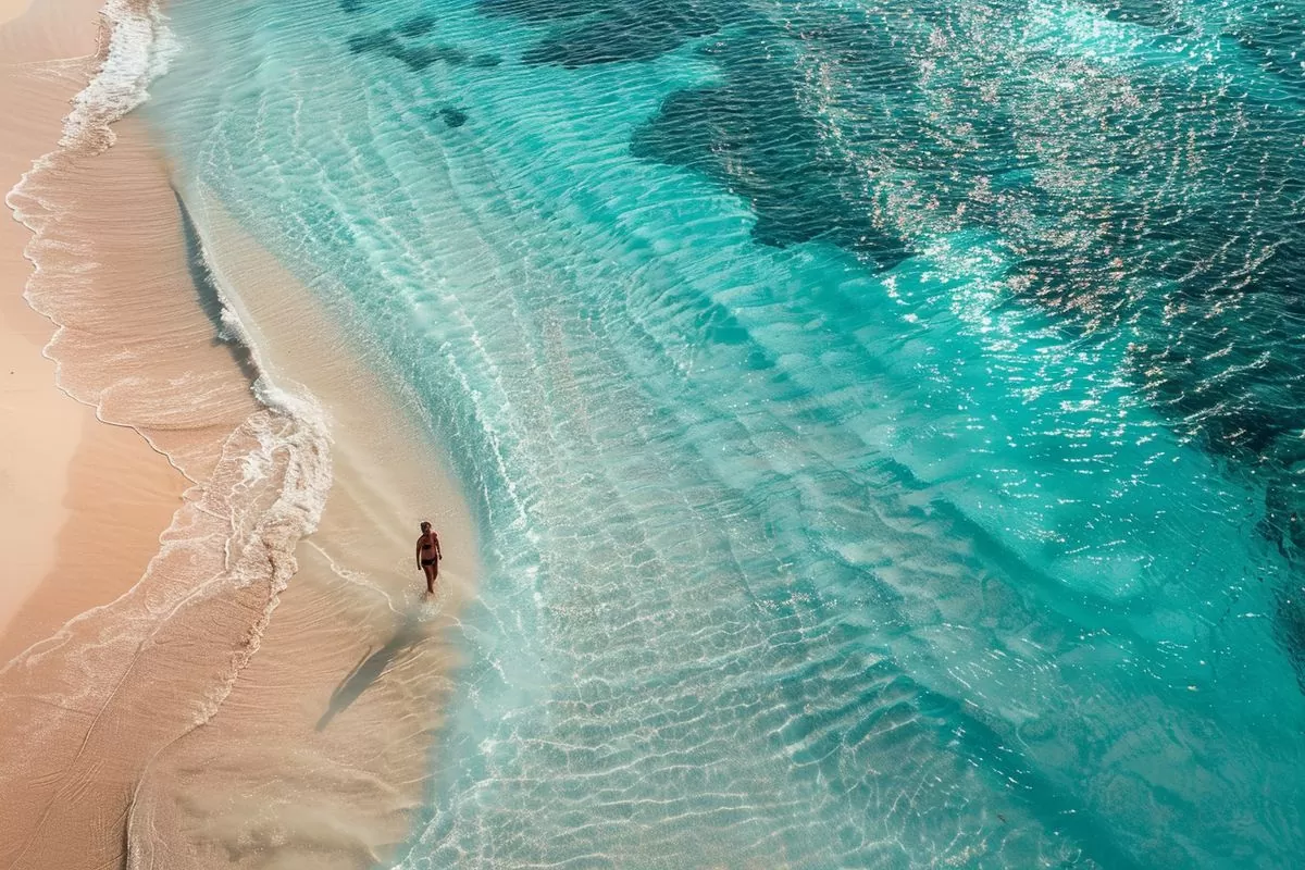 Admiring the crystal clear waters of Les Salines beach from the sky.