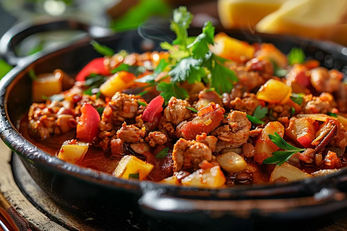 Closeup of a delicious Picadillo de Pollo with diced potatoes added.