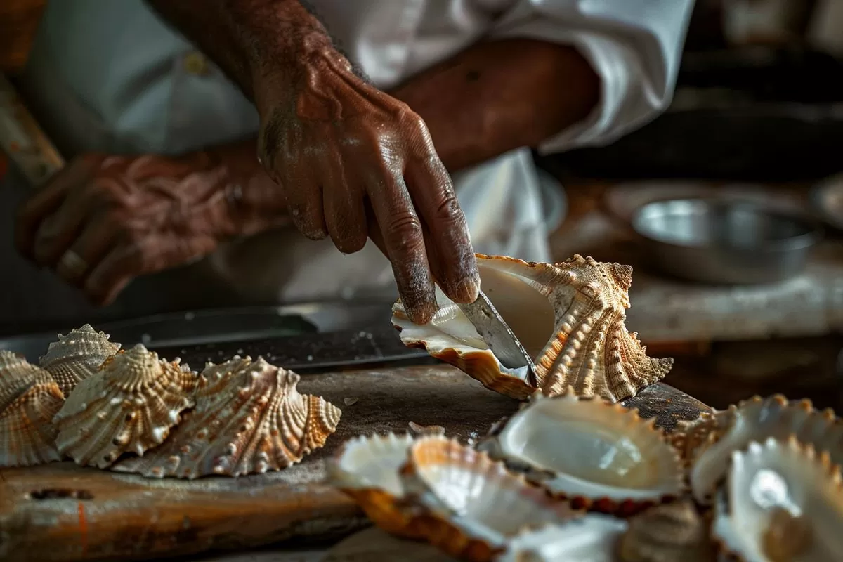 Cleaning and slicing conch shells for a Caribbeanstyle lambi carpaccio.